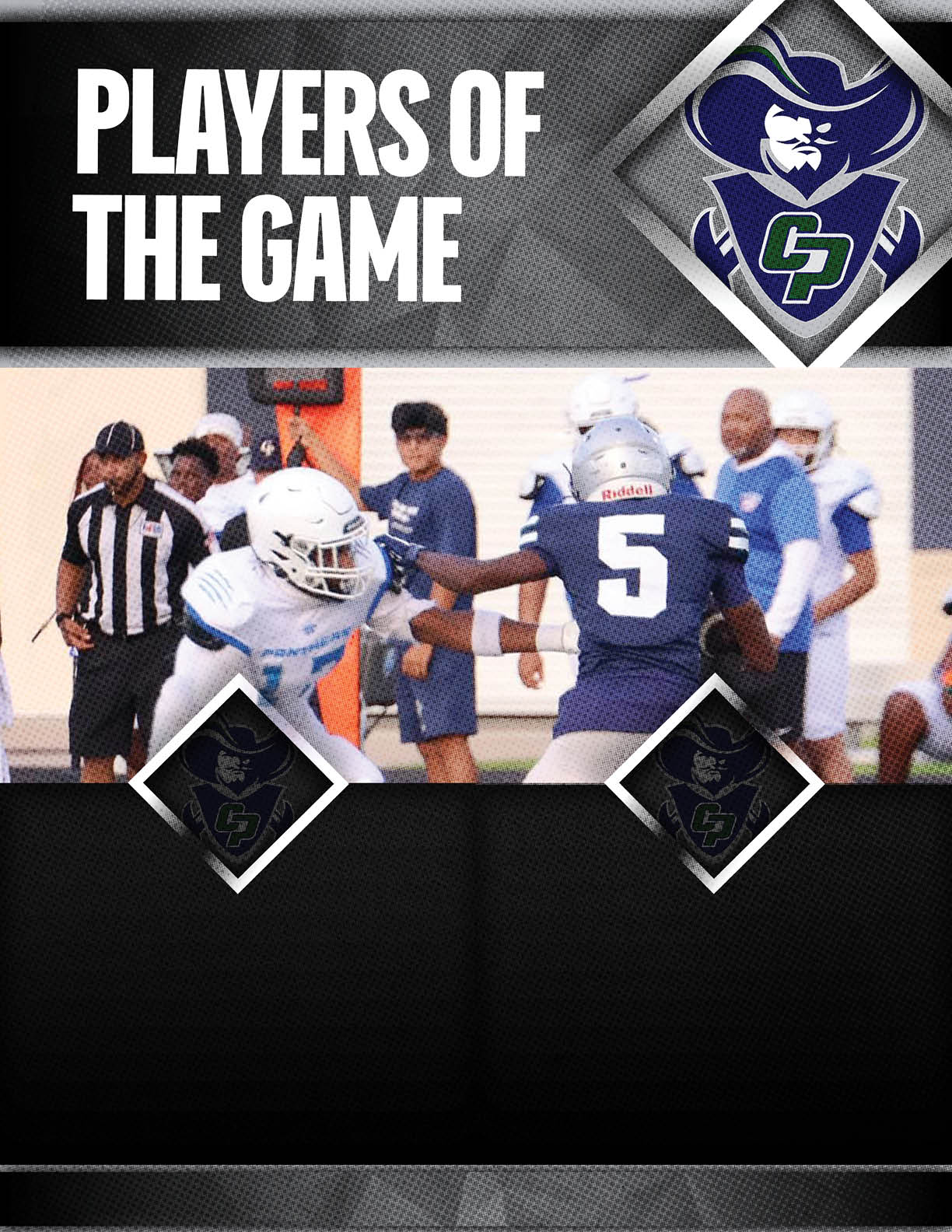 Two football players in helmets and uniforms are engaged in a play on the field with a referee and other people in the background, accompanied by text reading “Players of the Game" and a sports team logo. Descripci n generada con IA