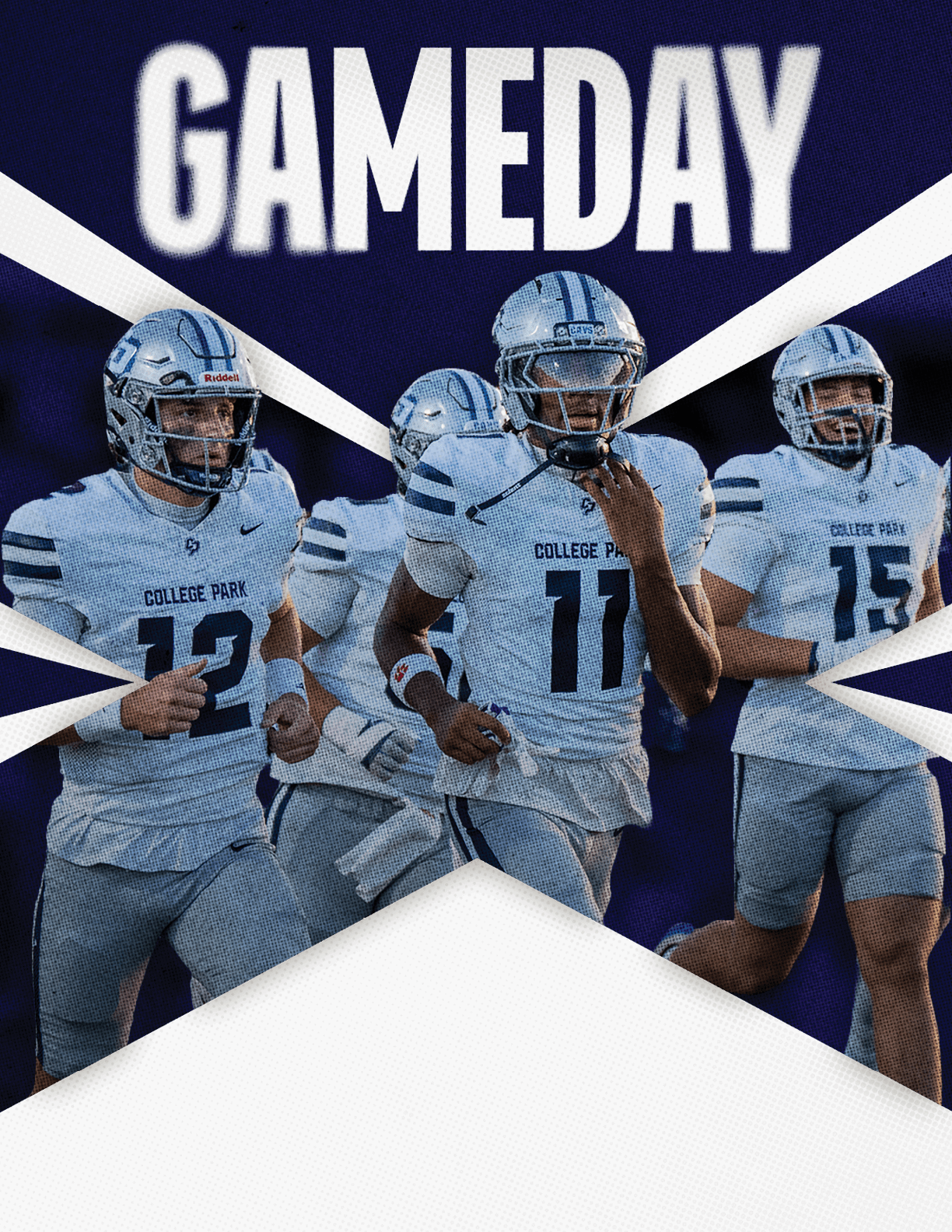 Three people in football uniforms with helmets are running on a field with the word GAMEDAY in bold white letters above them. Descripci n generada con IA