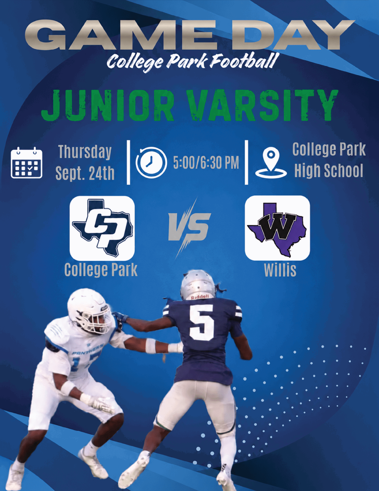 A sports flyer announces a junior varsity college football game between College Park and Willis at College Park High School on a Thursday evening with an action photo of two players in football uniforms. Descripci n generada con IA