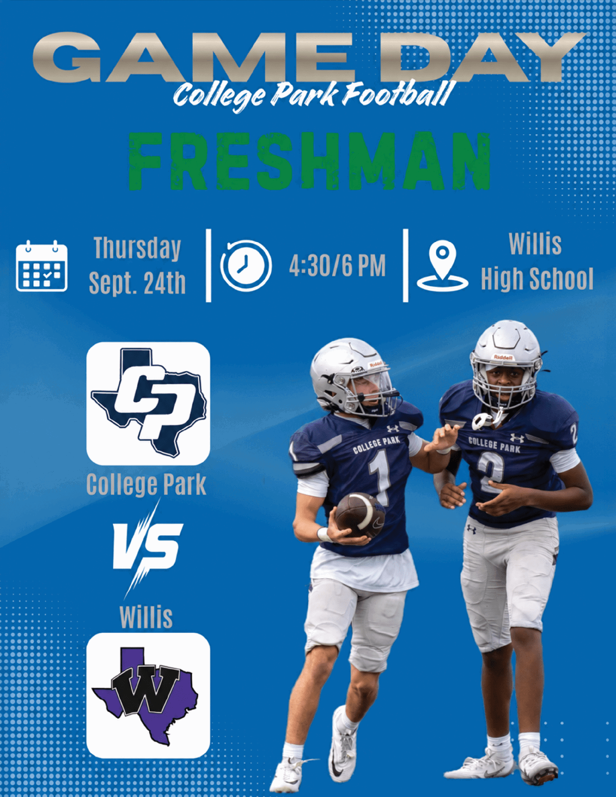 Two people in football uniforms running on a field with text announcing a College Park Football freshman game day event on Thursday, September 10th at College Park High School against C.E. King. Descripci n generada con IA