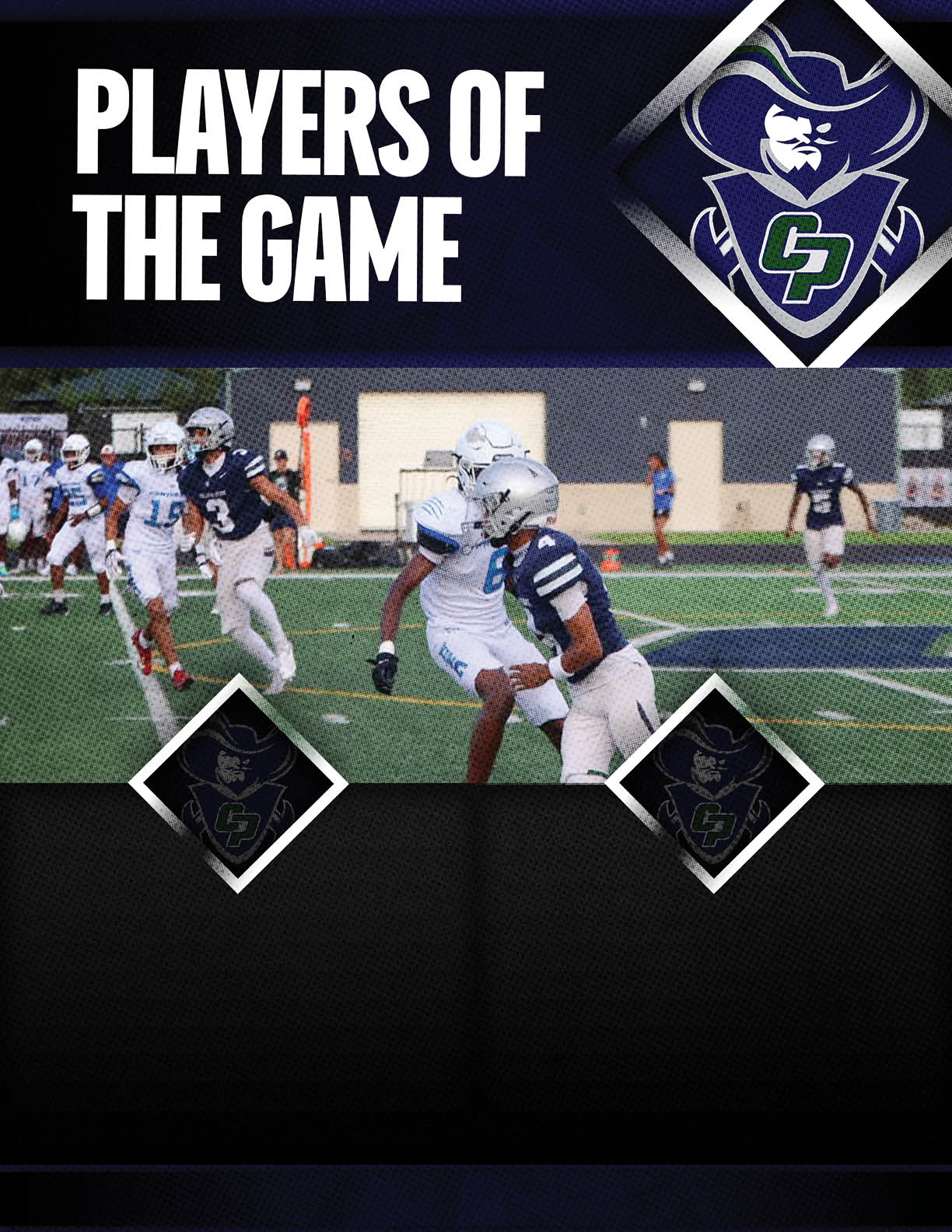 Players in football uniforms are actively engaged in a game on a field with a scoreboard graphic highlighting “Players of the Game" and a team logo. Descripci n generada con IA