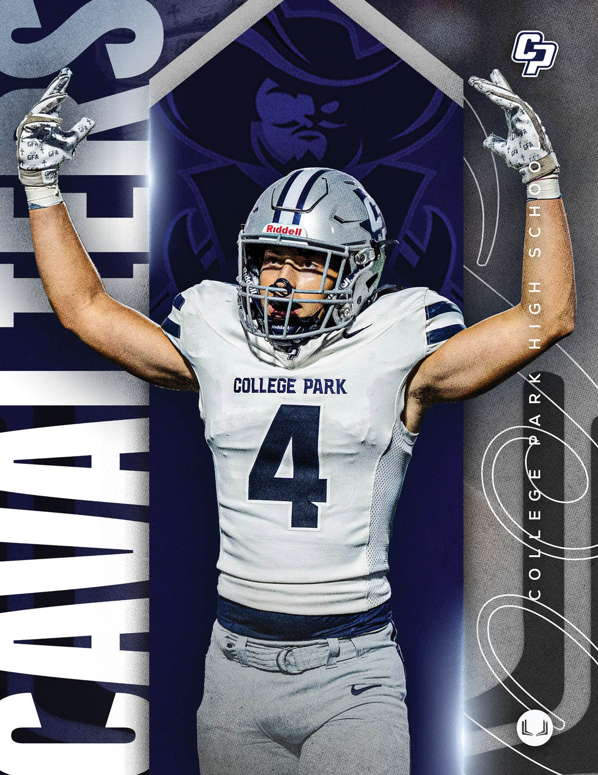 A person wearing a College Park football uniform with the number 4 is raising both arms in celebration against a dark background with the word “CAVALIERS" and a stylized logo. Descripci n generada con IA