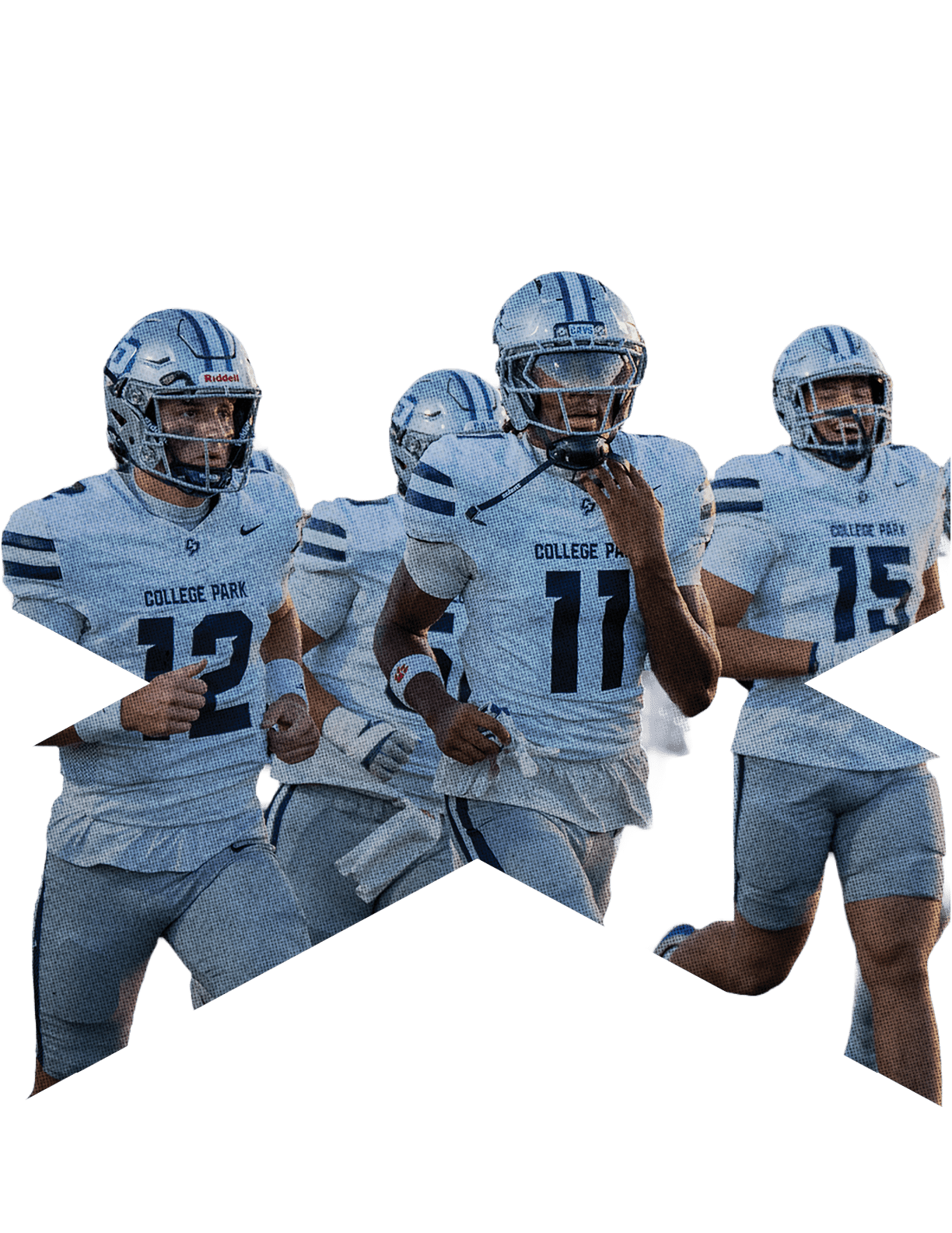 Four people wearing white football uniforms with helmets are running on a field during a game or practice. Descripci n generada con IA