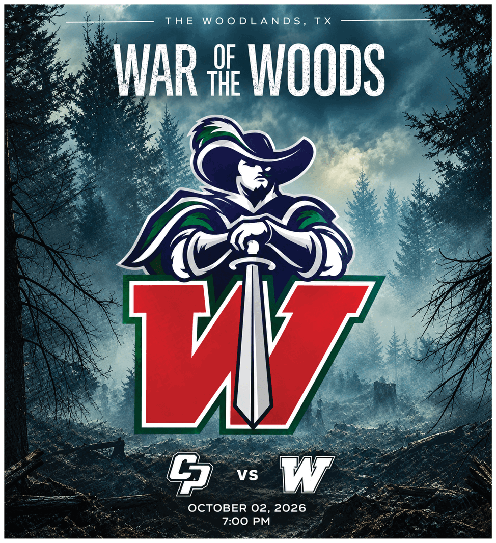 A stylized graphic shows a person in a wide-brimmed hat holding a sword in front of a large red letter W with a misty forest background and text indicating a sports event titled War of the Woods between teams CP and W on October 2, 2026 at 7 PM. Descripci n generada con IA