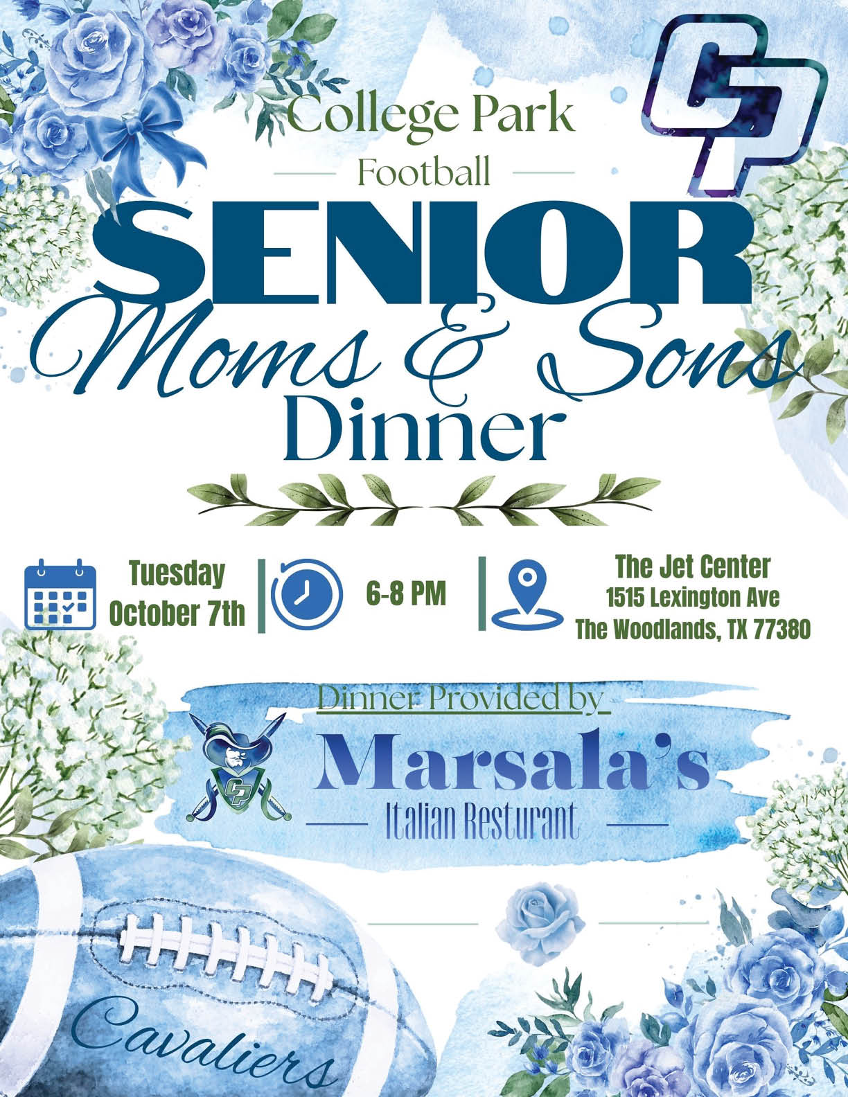College Park Football Senior Moms and Sons Dinner event details with floral and football-themed watercolor design and information about the date, time, location, and dinner sponsor Marsala's Italian Restaurant. Descripci n generada con IA