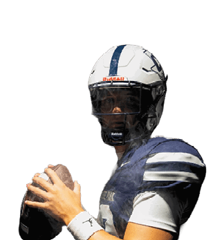 A person wearing a football uniform and helmet is holding a football in a ready-to-throw position surrounded by smoke against a dark background. Descripci n generada con IA