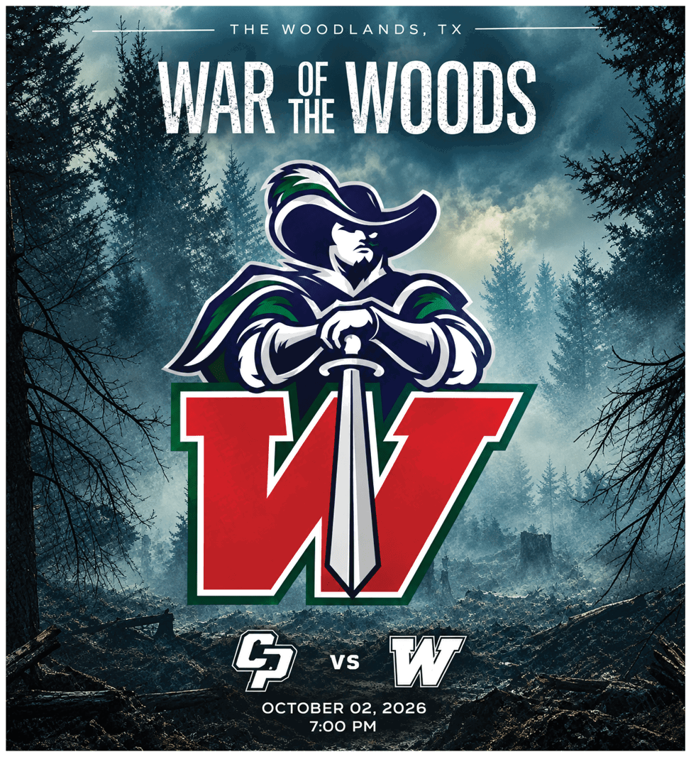 A stylized graphic shows a person in a wide-brimmed hat holding a sword in front of a large red letter W with a misty forest background and text indicating a sports event titled War of the Woods between teams CP and W on October 2, 2026 at 7 PM. Descripci n generada con IA
