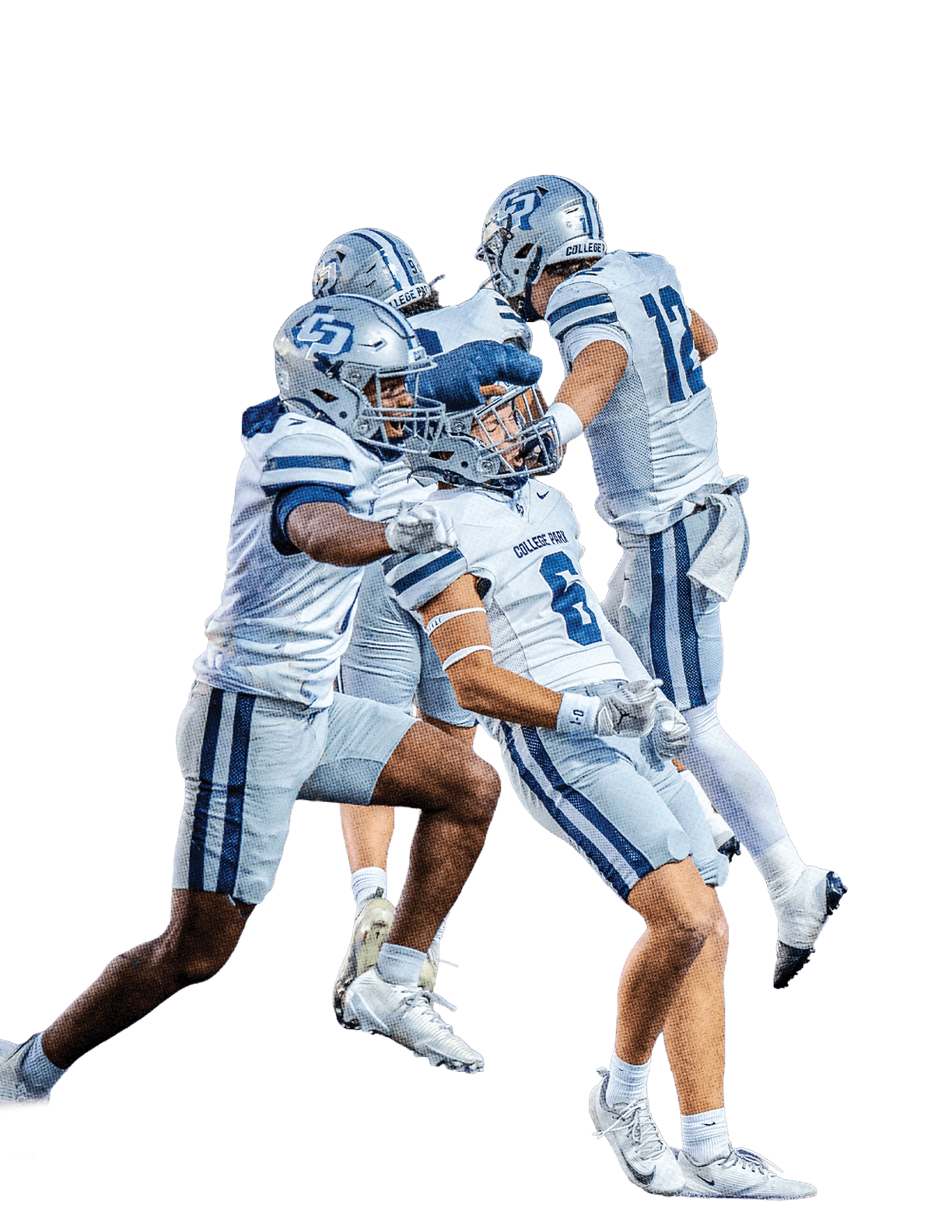 Three people in white and blue football uniforms are celebrating energetically on a purple field. Descripci n generada con IA