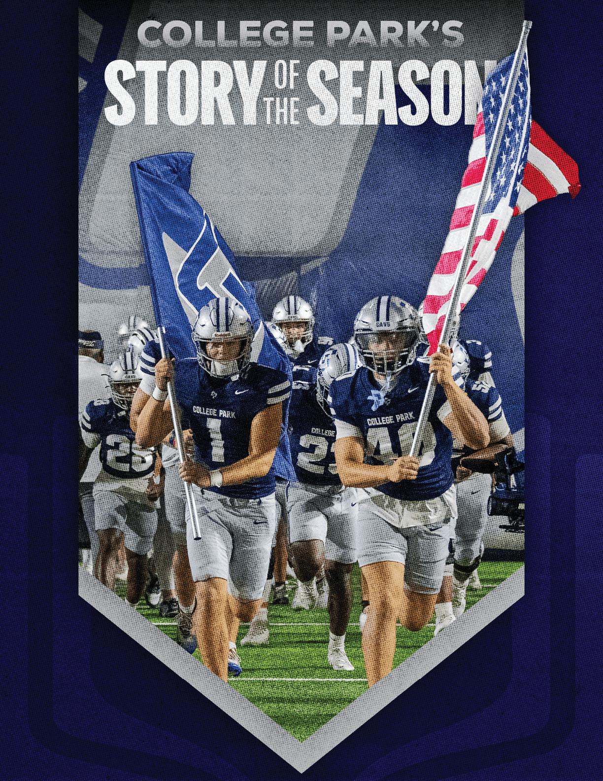 A group of people in football uniforms run onto a field holding flags with the text “College Park's Story of the Season" above them. Descripci n generada con IA