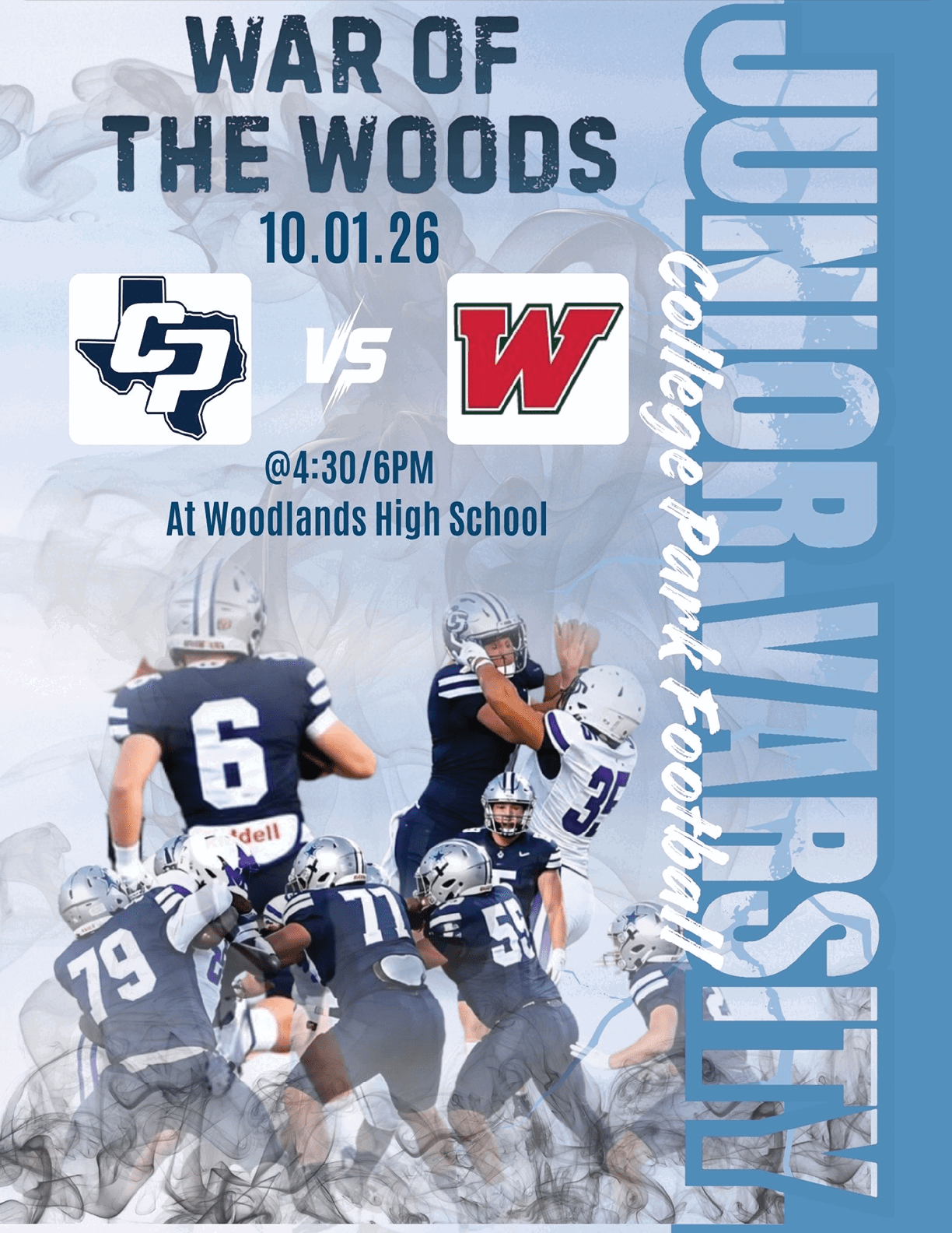 A promotional poster for a junior varsity college football game called War of the Woods featuring two teams with logos and players in action at Woodlands High School. Descripci n generada con IA