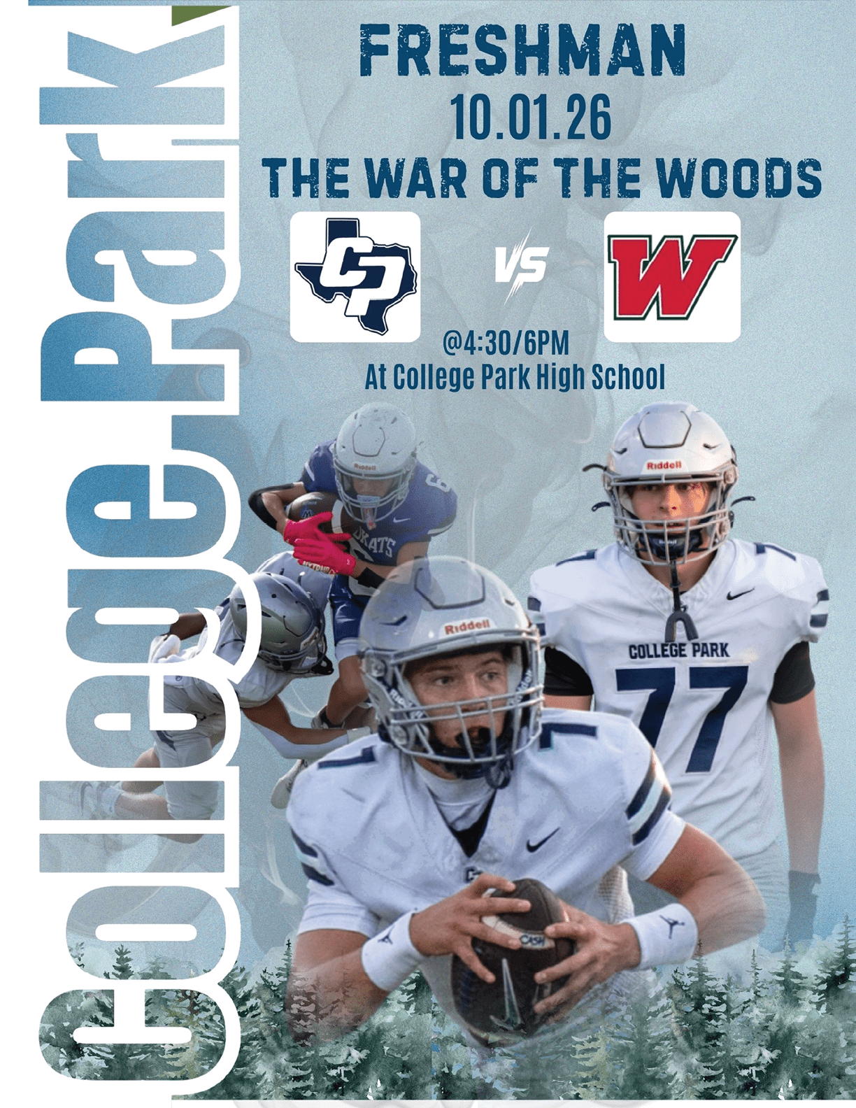 Three people in football uniforms are shown with text announcing a freshman football game called The War of the Woods between College Park and a team with a red W, scheduled at 4:30/6 PM at College Park High School. Descripci n generada con IA