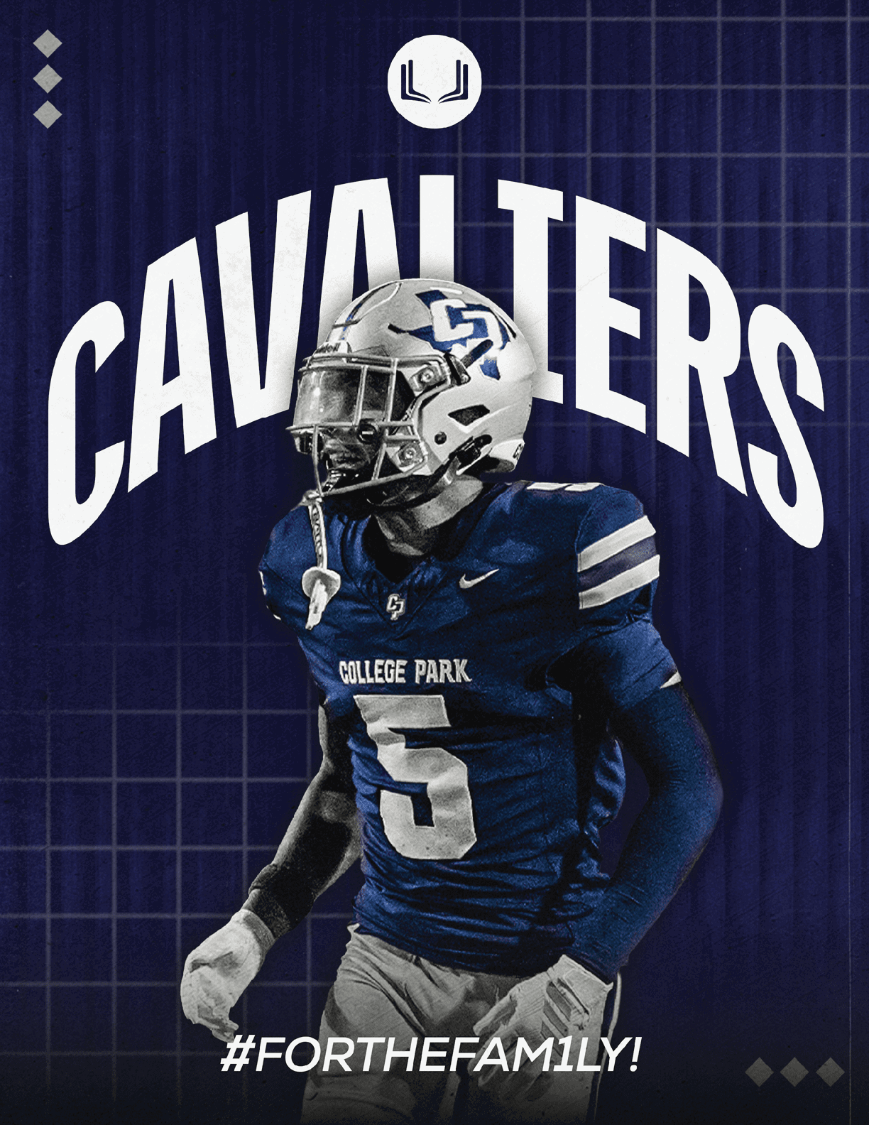 A person in a blue football uniform with the number 5 and a white helmet stands in front of a dark blue background with the word “CAVALIERS" and the hashtag "#FORTHEFAMILY!" displayed. Descripci n generada con IA