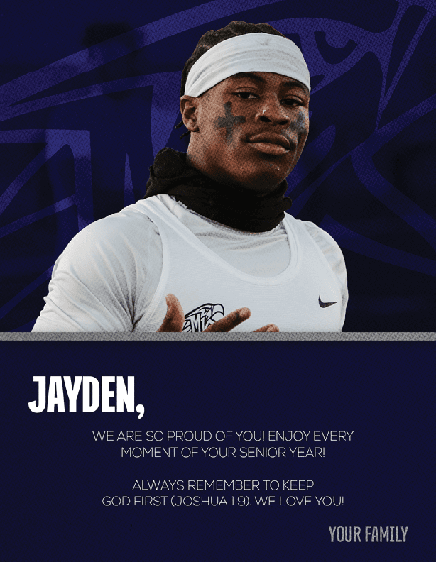 A person wearing a white headband and athletic clothing with a black cross painted on their cheek is shown above a message expressing pride and love for Jayden's senior year from their family. Descripci n generada con IA