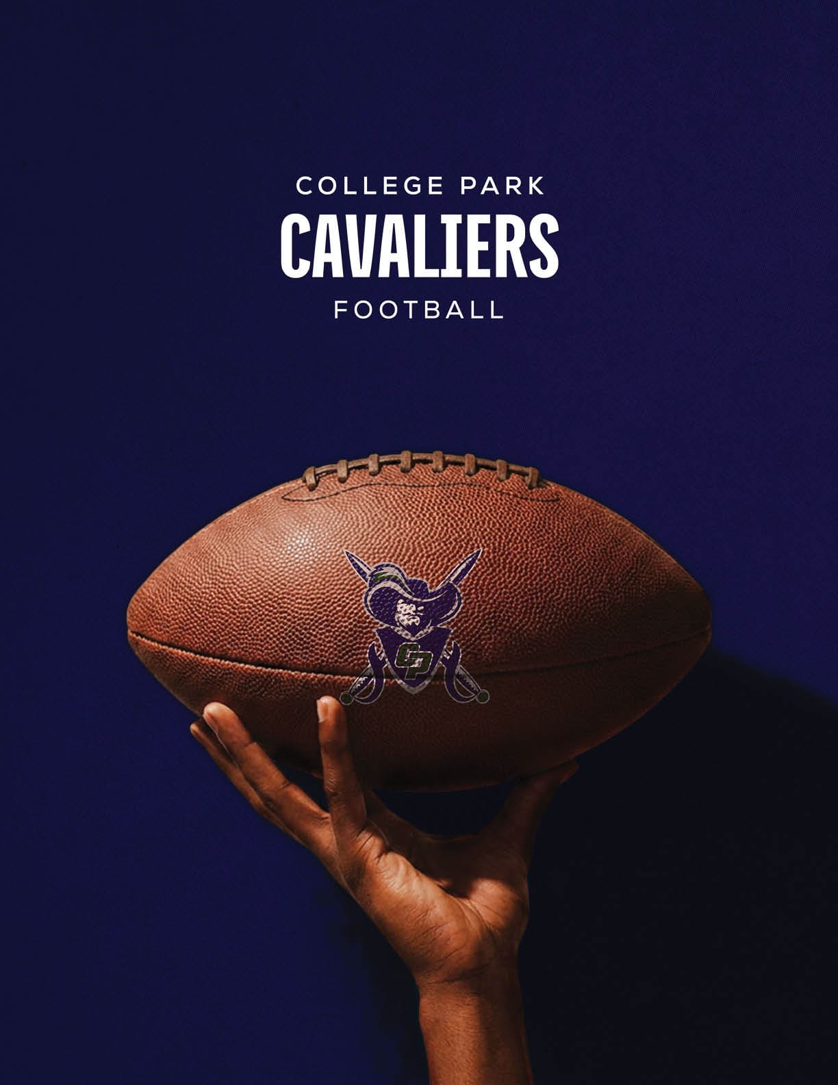 A hand is holding a football with a Cavaliers logo against a dark blue background with the text “College Park Cavaliers Football" above it. Descripci n generada con IA