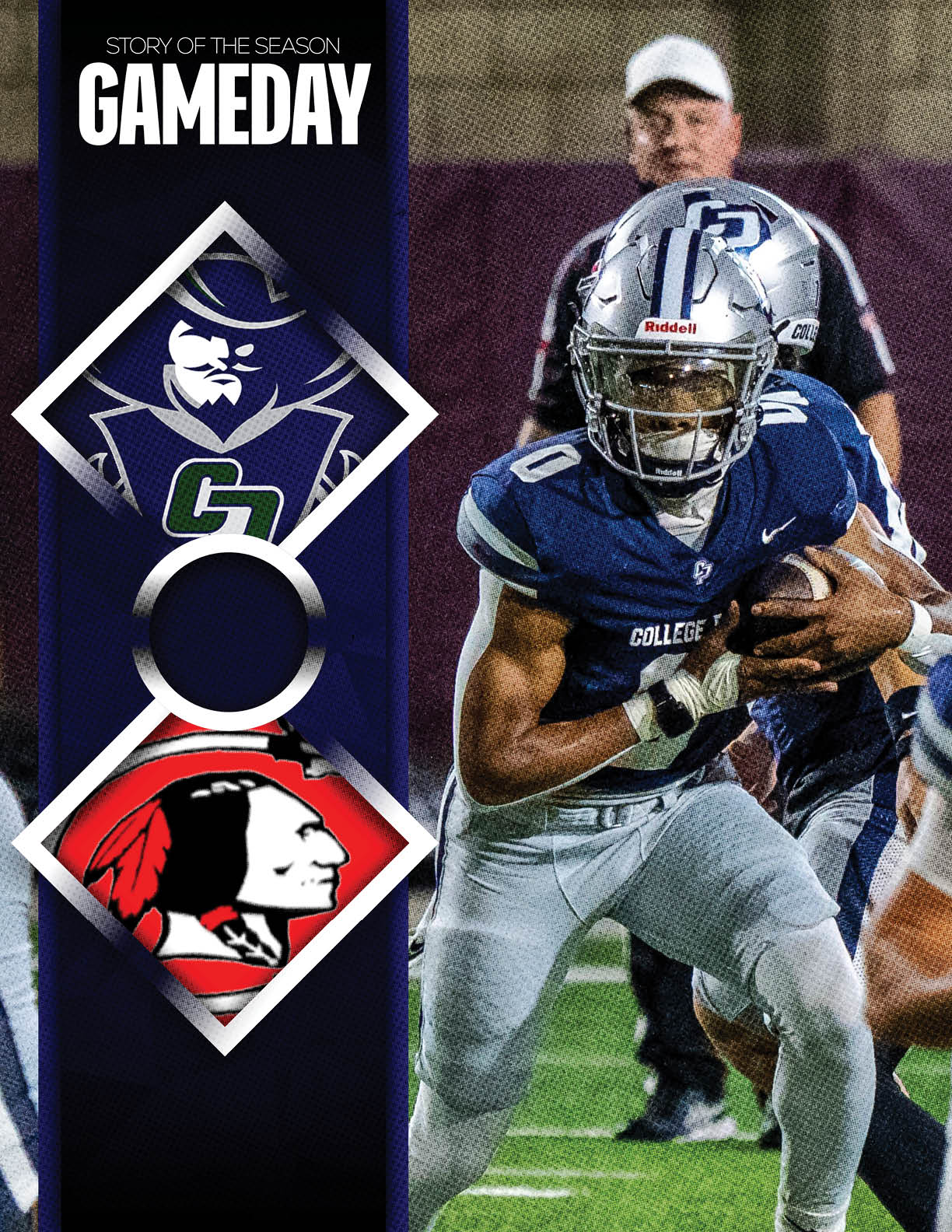 A person in a blue and white football uniform is running with the ball on a field while another person in a black outfit stands in the background. Descripci n generada con IA