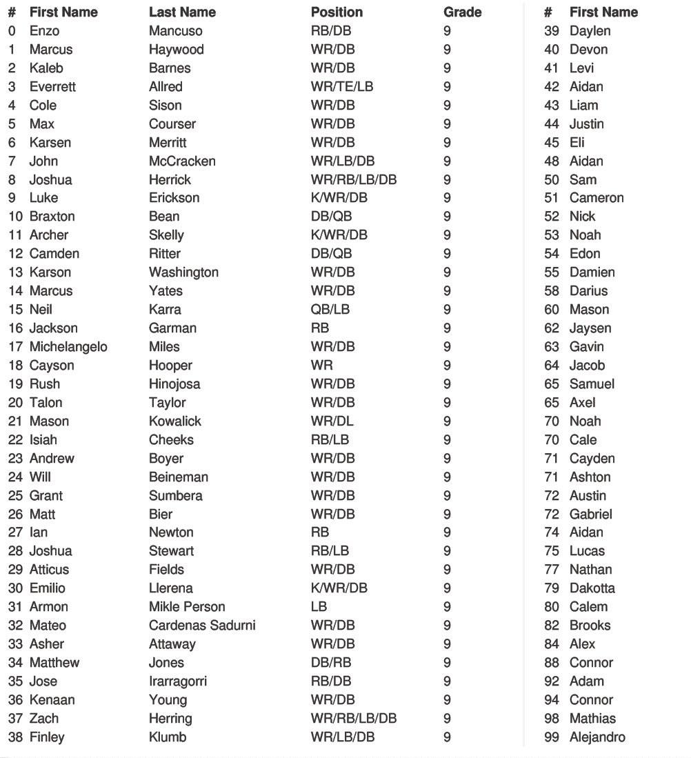 Lista detallada de personas con nombres, apellidos, posiciones y grados en un formato de tabla dividido en dos columnas. Descripci n generada con IA