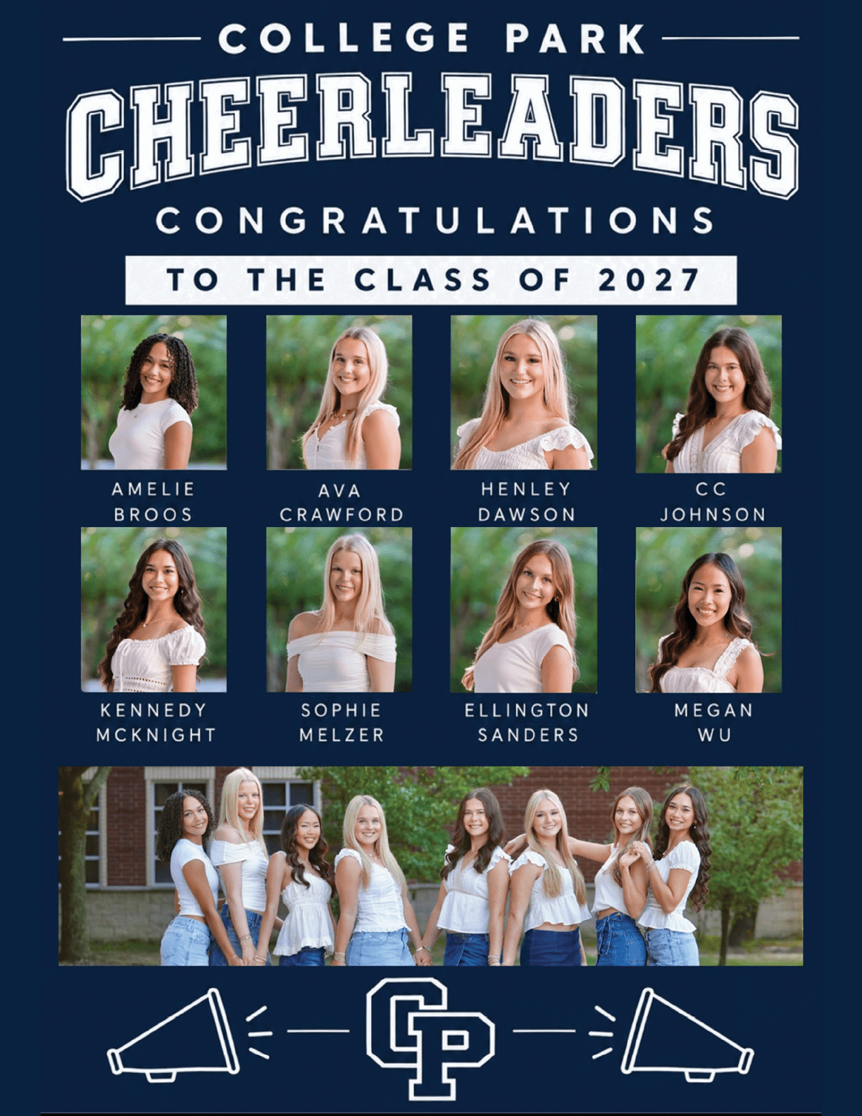 A congratulatory poster for College Park cheerleaders featuring headshots and a group photo of people wearing white tops and jeans with the text celebrating the class of 2027. Descripci n generada con IA