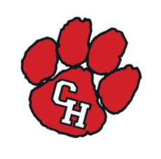 A red paw print with the white letters CH outlined in black inside the largest pad. Description generated by AI