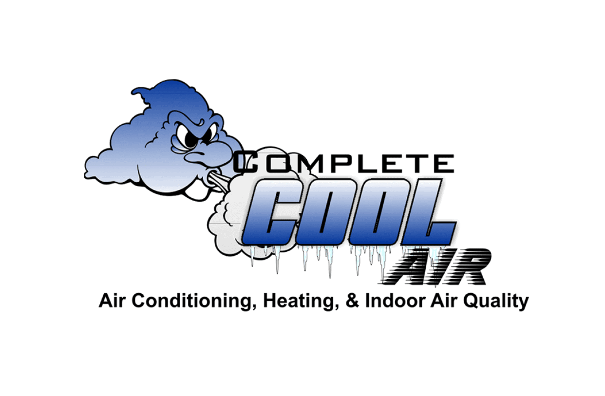 A cartoon cloud blowing cold air toward the words “Complete Cool Air" with icicles hanging from the text and the phrase "Air Conditioning, Heating, & Indoor Air Quality" below. Description generated by AI