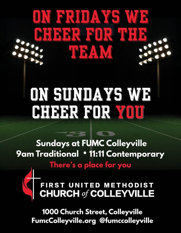 On a football field at night with stadium lights, text invites people to attend Sunday services at First United Methodist Church of Colleyville with a message contrasting cheering for the team on Fridays and cheering for individuals on Sundays. Description generated by AI