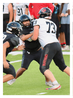 Two football players wearing black jerseys and holding hands. Description generated by AI