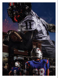 Two football players wearing black jerseys and holding hands. Description generated by AI