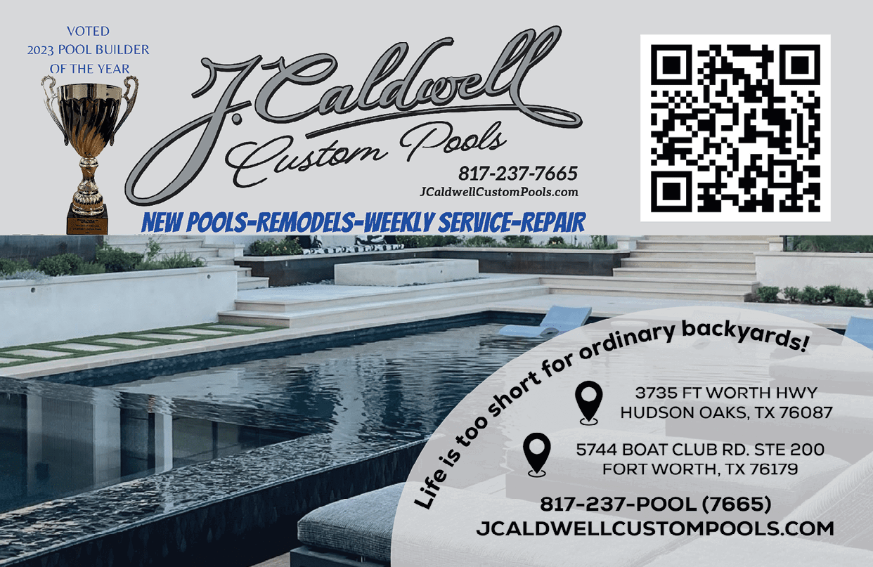 A modern backyard pool with clean lines and steps is featured alongside a business advertisement for J. Caldwell Custom Pools offering new pools, remodels, weekly service, and repair with contact information and a QR code. Description generated by AI