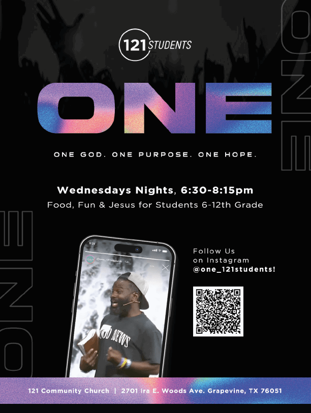 A promotional flyer for a student event called ONE with colorful text, event details for Wednesday nights, a photo of a person speaking on a phone screen, and a QR code for Instagram. Description generated by AI