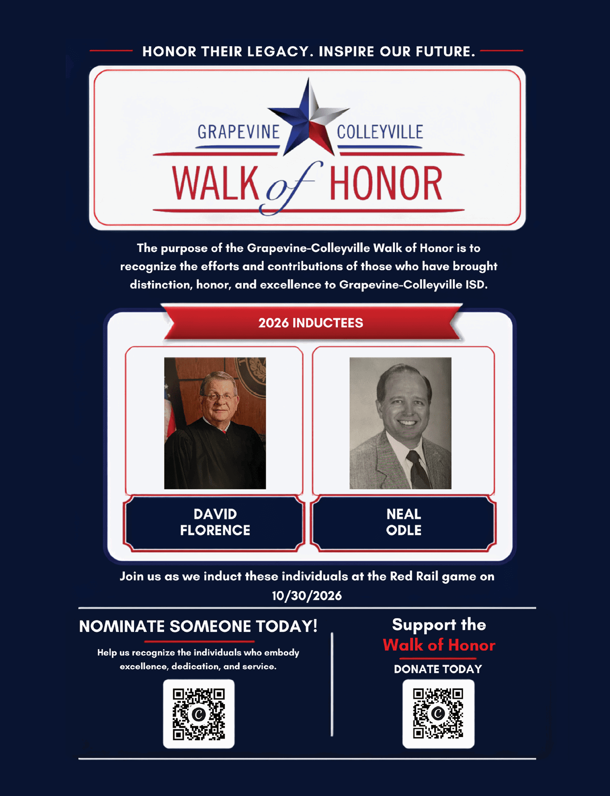 The Grapevine-Colleyville Walk of Honor poster features two senior inductees with their names, a call to nominate individuals, and QR codes for more information and donations. Description generated by AI