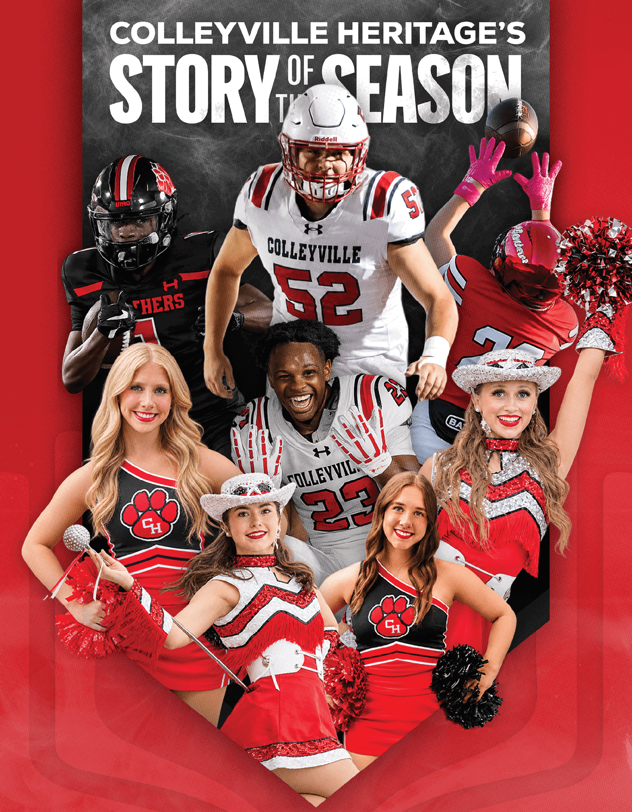 Seven people in football and cheerleading uniforms pose energetically against a red background with the text “Colleyville Heritage's Story of Season" above them. Description generated by AI