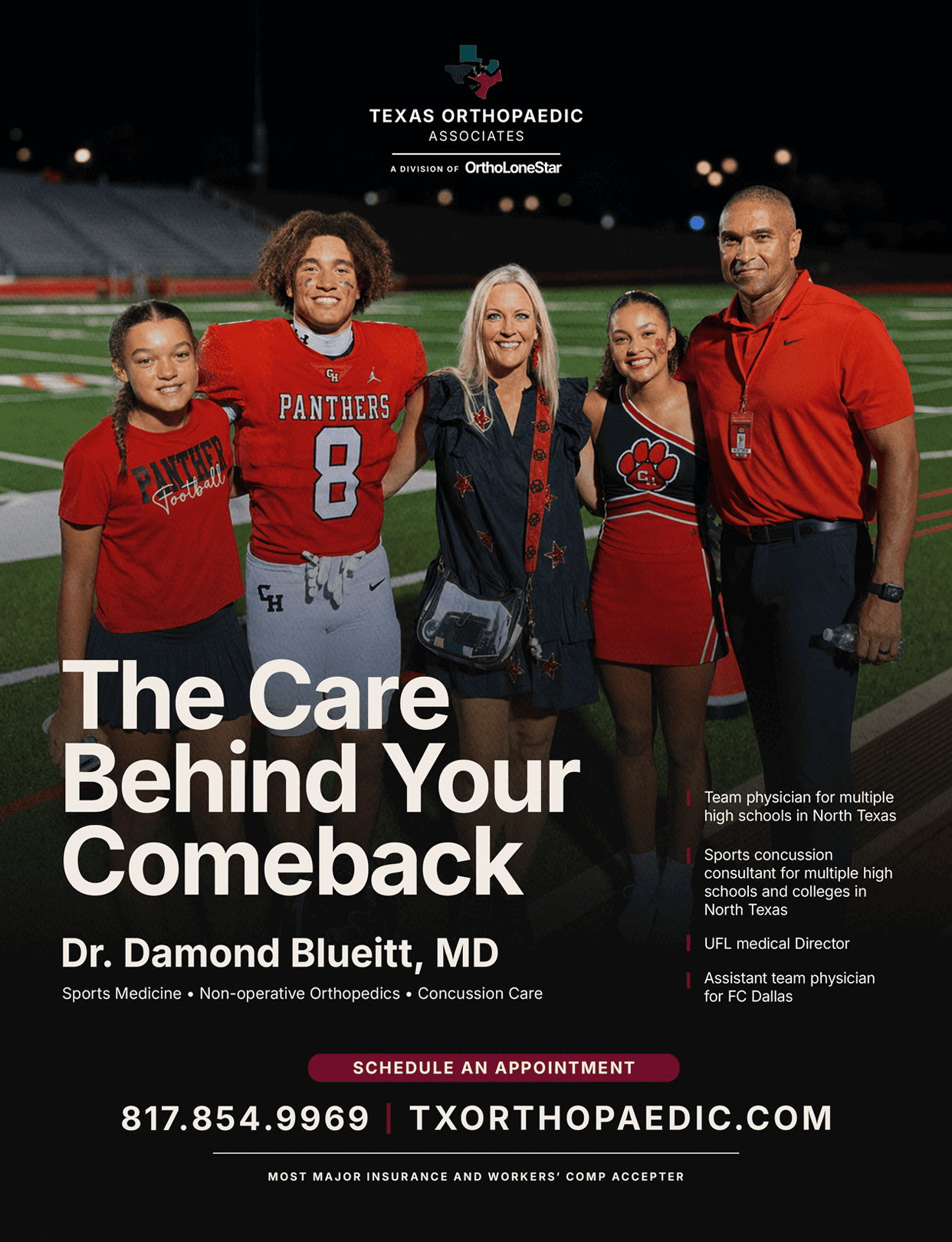 Five people including two in sports uniforms and one in a cheerleading outfit stand together on a football field at night with text promoting orthopedic care and concussion treatment by Dr. Damond Blueitt. Description generated by AI
