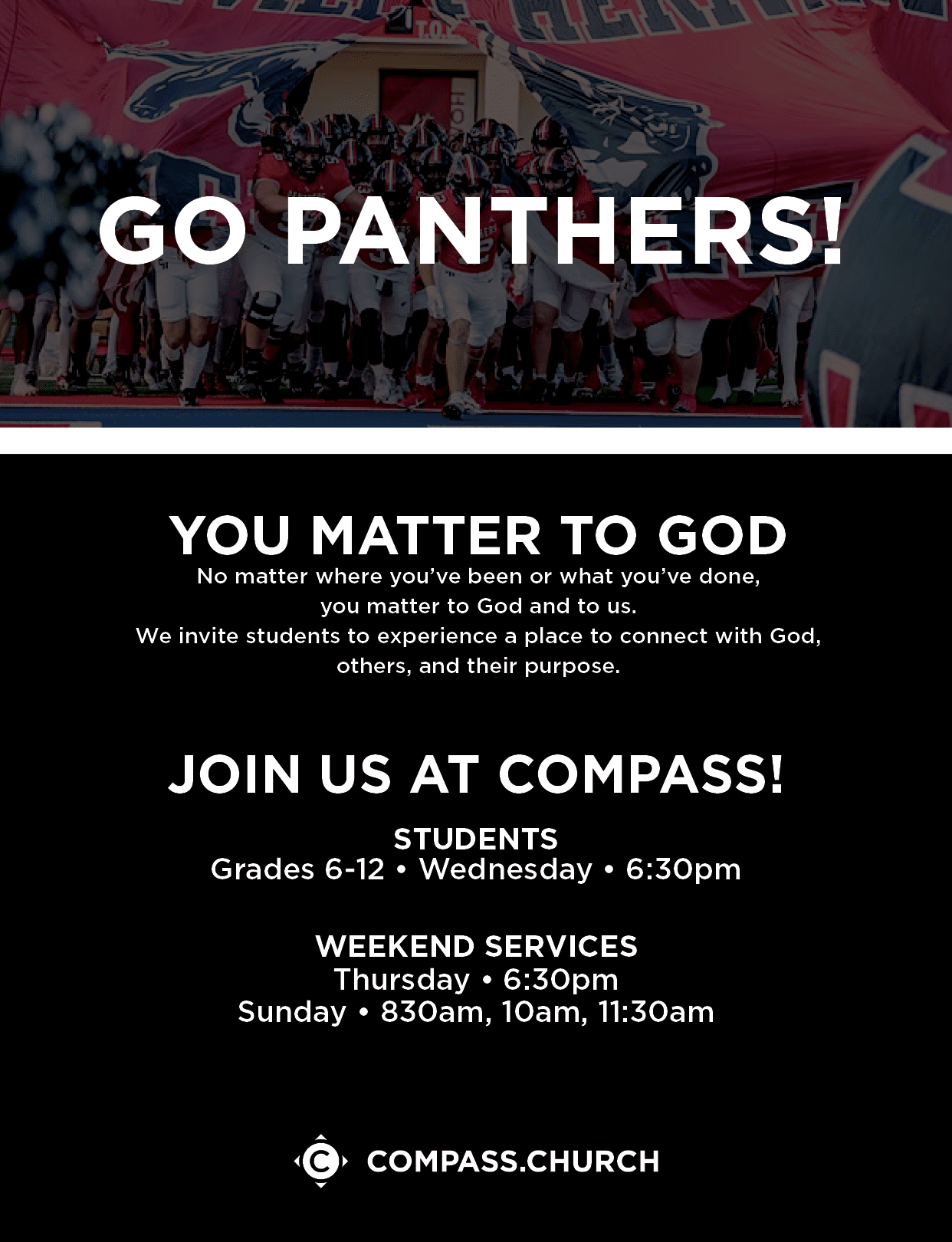 A group of people in sports uniforms run onto a field under a large banner with the text Go Panthers followed by white text on a black background inviting students to join Compass Church for services and activities. Description generated by AI