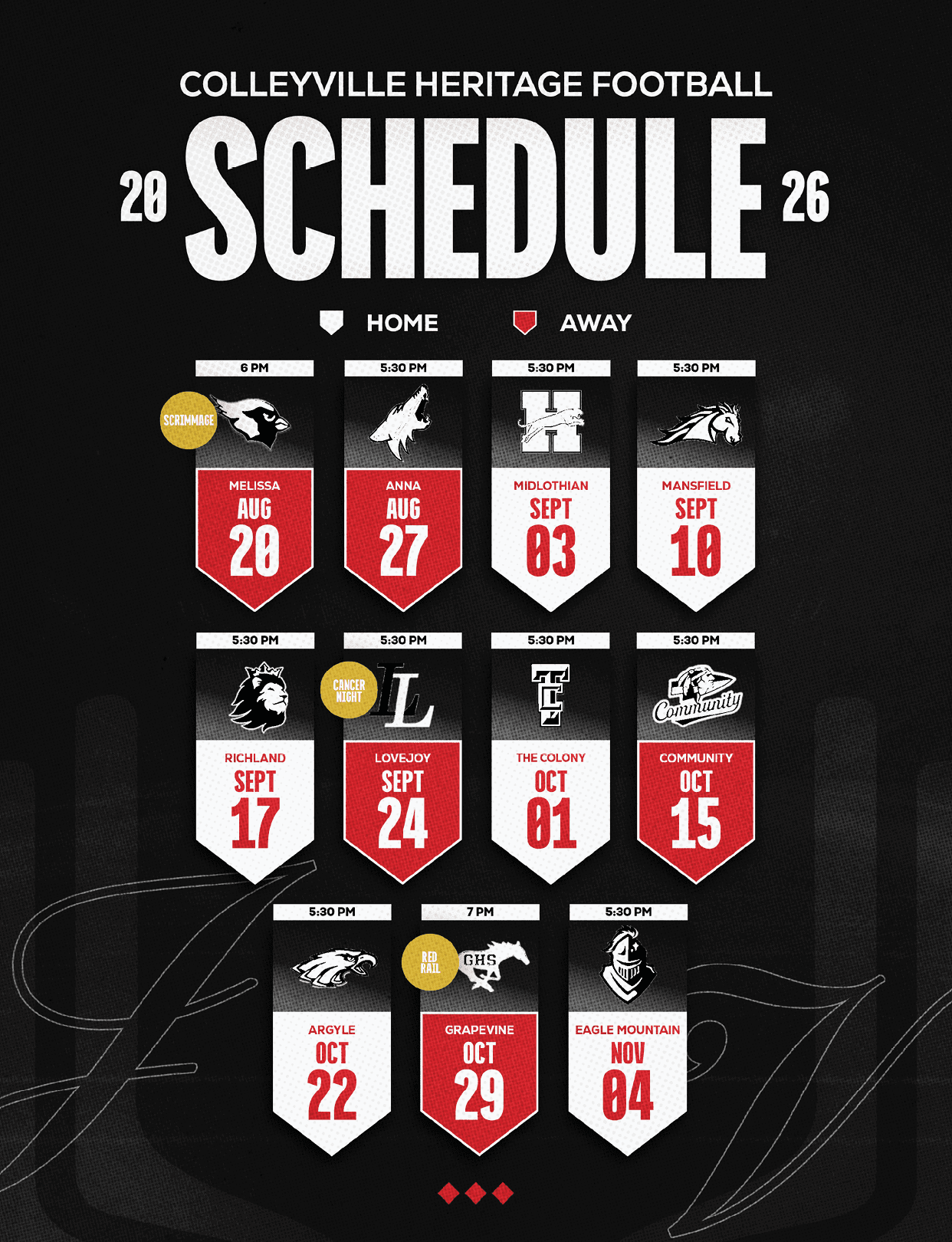 The 2026 Colleyville Heritage Football schedule is displayed with dates, opponents, and home or away game indicators in a bold, graphic style on a black background. Description generated by AI