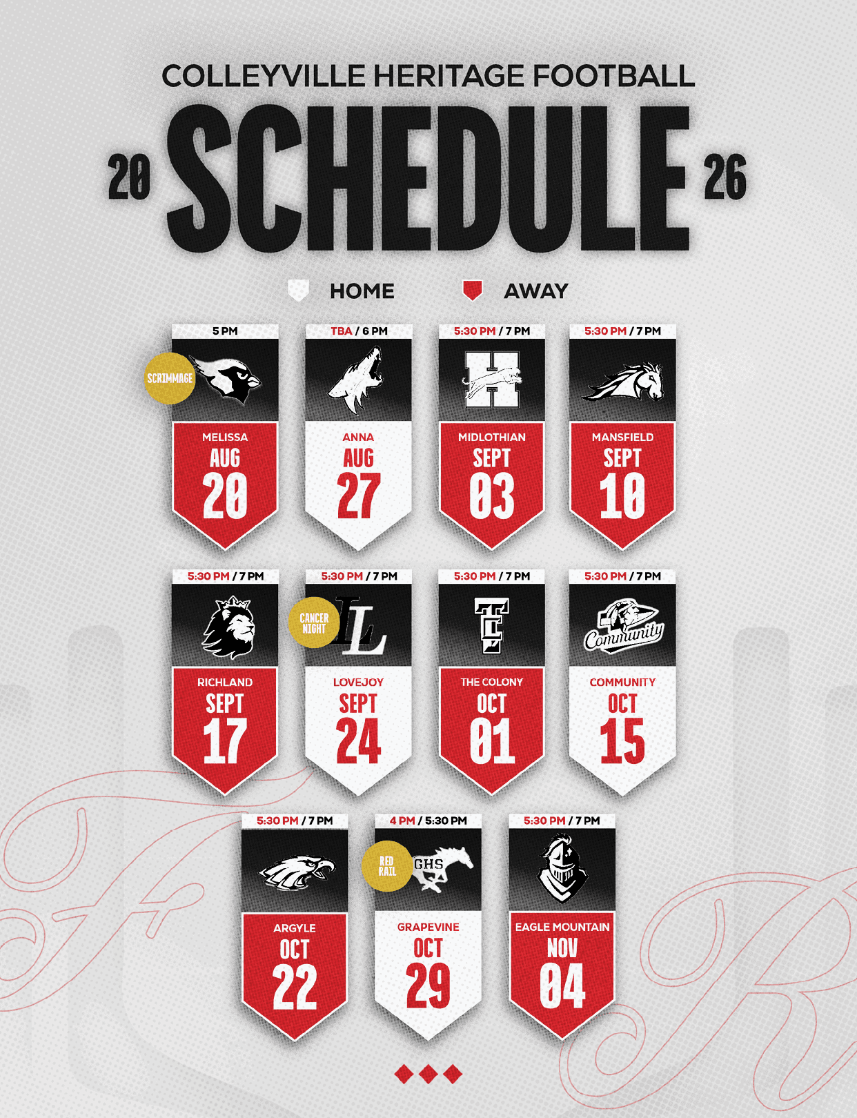 The Colleyville Heritage Football 2026 schedule displays home and away games with dates and team logos in a red, white, and black color scheme. Description generated by AI
