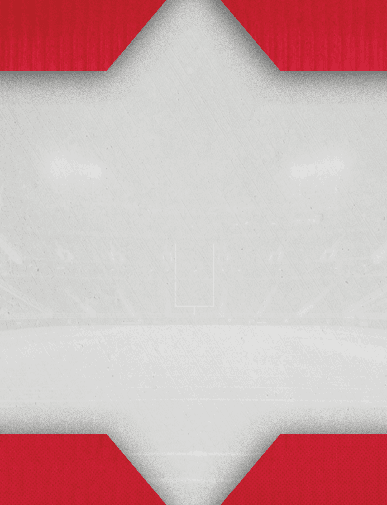 A foggy or snowy outdoor sports stadium with red geometric shapes framing the top and bottom edges. Description generated by AI