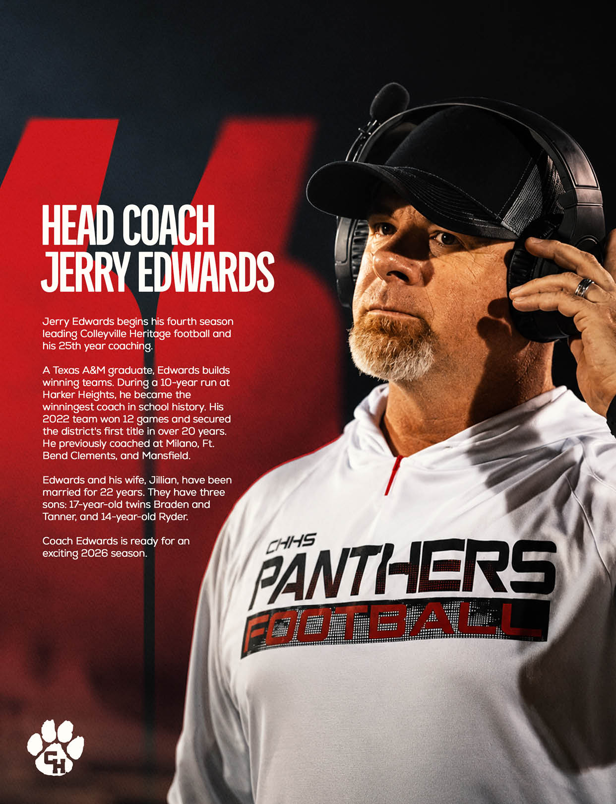 An adult wearing a black cap, headset, and a white shirt with “Panthers Football" printed on it stands next to text introducing Jerry Edwards as the head coach with details about his coaching career. Description generated by AI