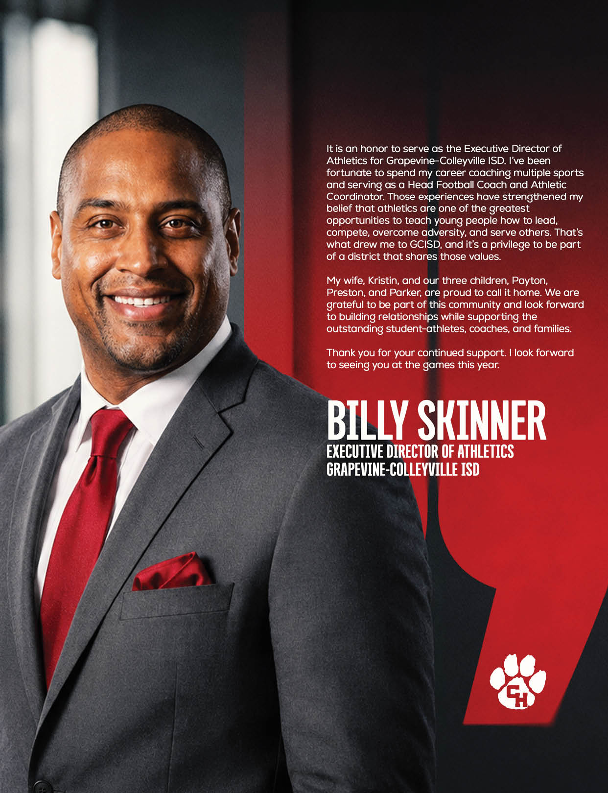 A person in a gray suit with a white shirt and red tie stands next to text introducing Billy Skinner as the Executive Director of Athletics for Grapevine-Colleyville ISD. Description generated by AI