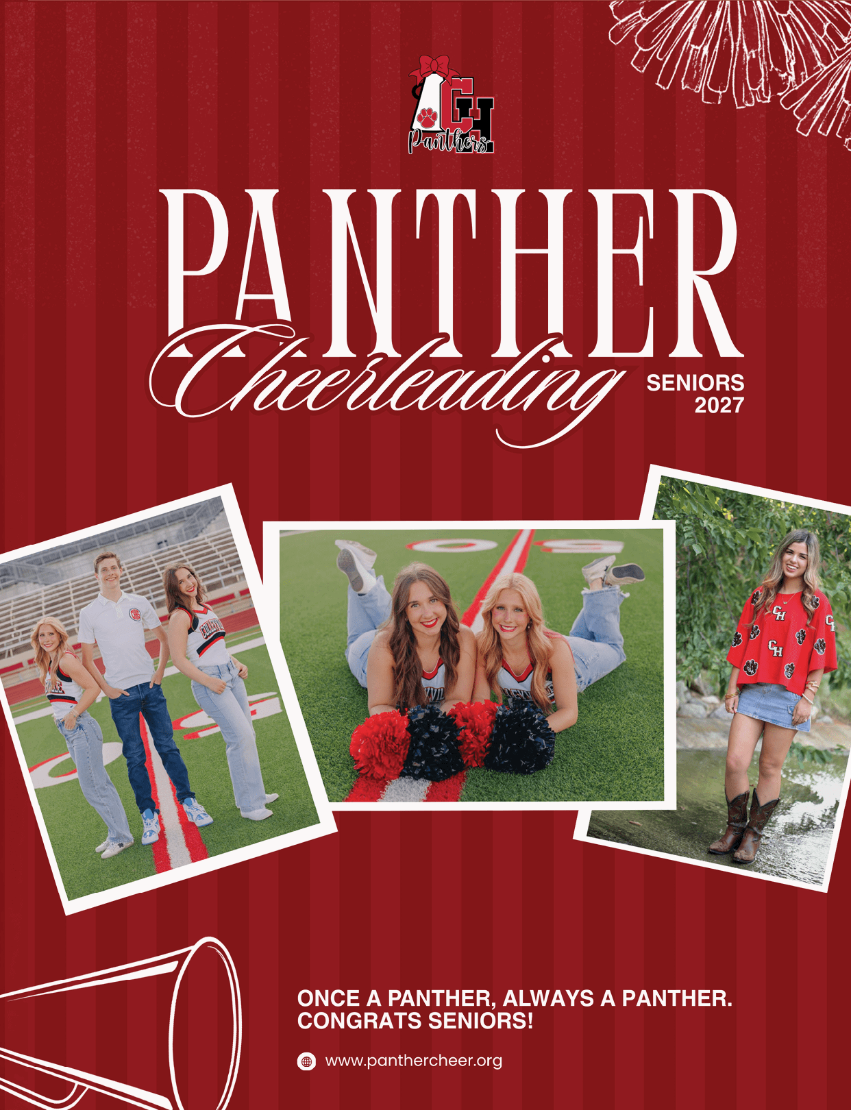 Three photos of people in cheerleading outfits and casual clothing are arranged on a red striped background with text promoting Panther Cheerleading for seniors of 2027. Description generated by AI