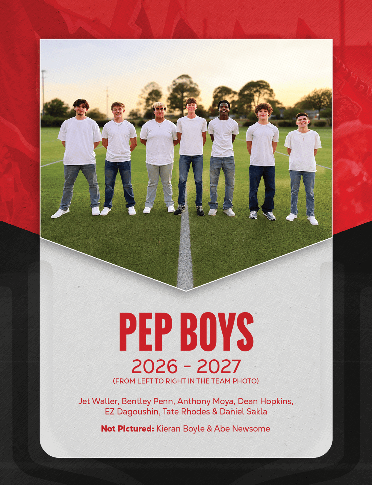 Seven people wearing white shirts and casual pants stand side by side on a sports field at sunset with text below reading Pep Boys 2026-2027 and names of team members. Description generated by AI