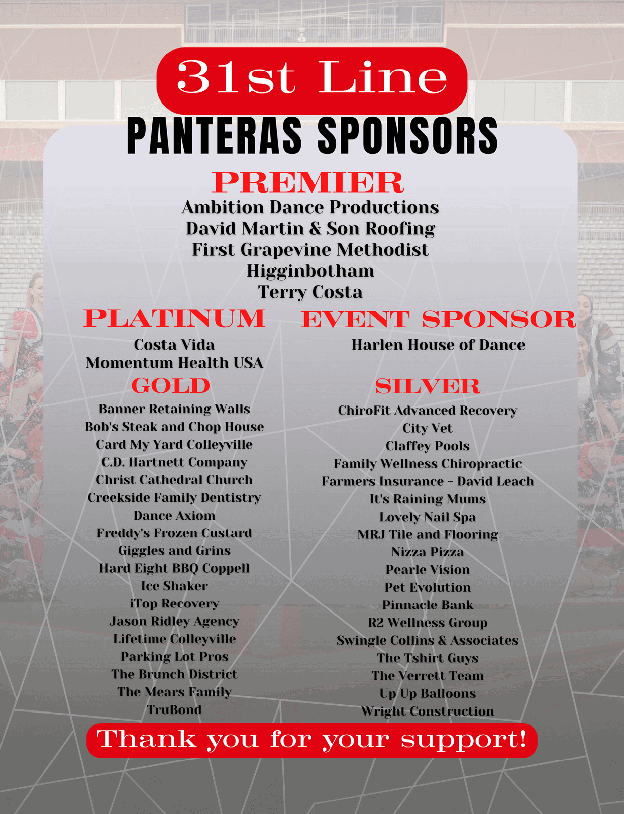 A sponsorship poster for 31st Line featuring Premier, Platinum, Gold, Event Sponsor, and Silver sponsors with a background of people walking in a hallway. Description generated by AI