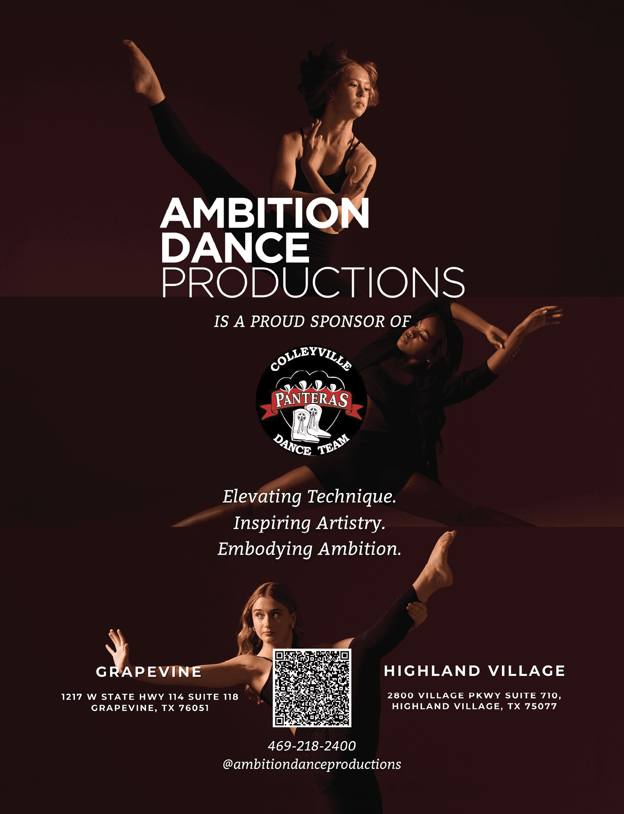 Two adults in dance poses with one leg raised high are featured alongside text promoting Ambition Dance Productions as a sponsor of the Collierville Panteras Dance Team with locations and contact information. Description generated by AI