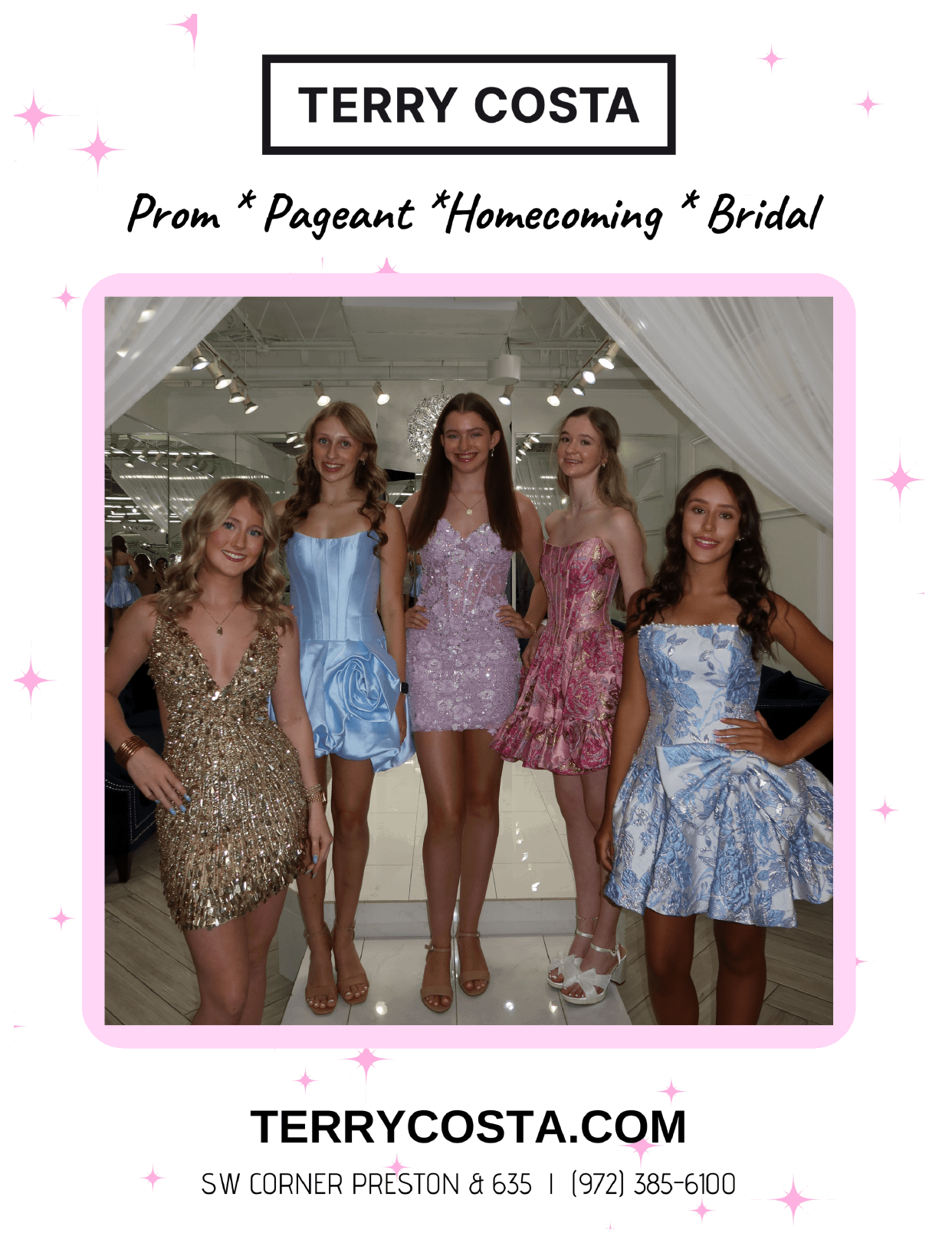 Five people dressed in colorful, sparkly, and patterned short dresses pose together in a well-lit room with mirrors and white curtains, promoting formal event attire. Description generated by AI
