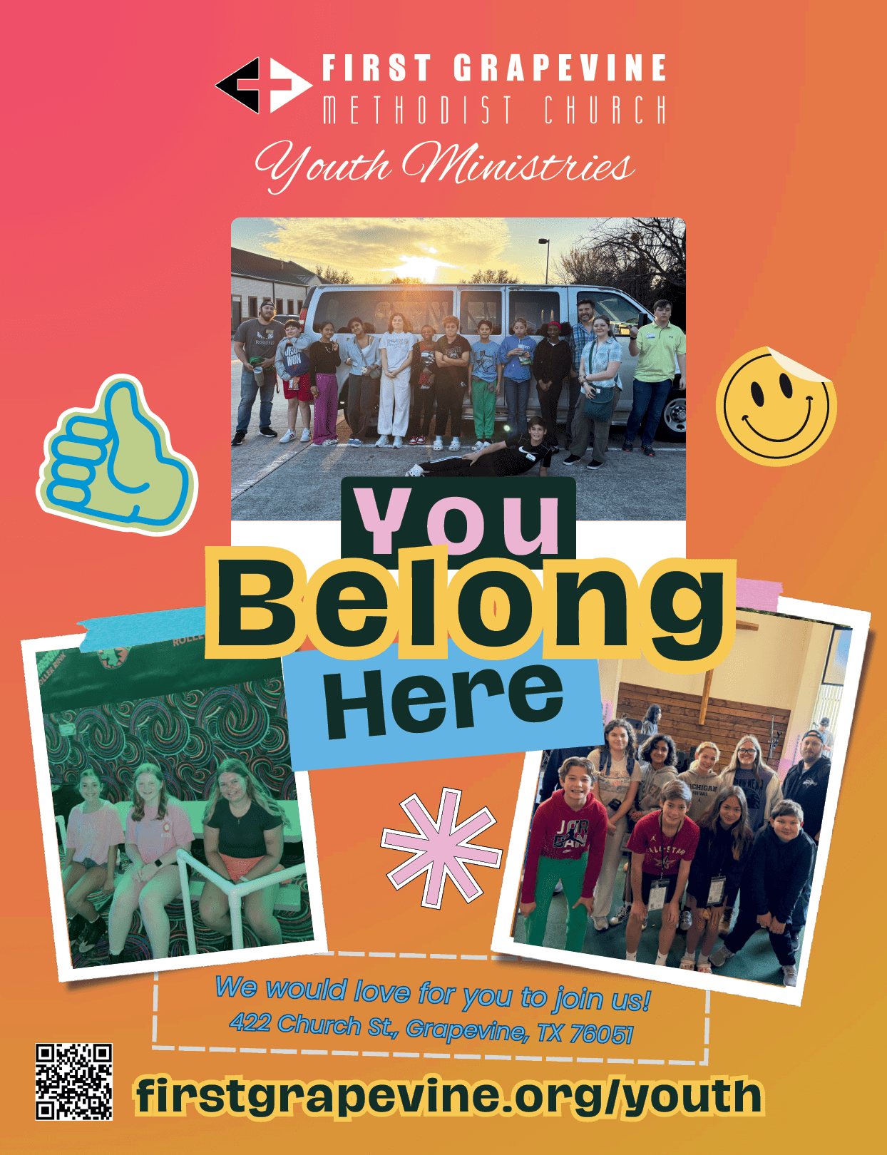 A colorful flyer for First Grapevine Baptist Church Youth Ministries features two photos of groups of people smiling outdoors with text inviting youth to join and providing a website and address. Description generated by AI