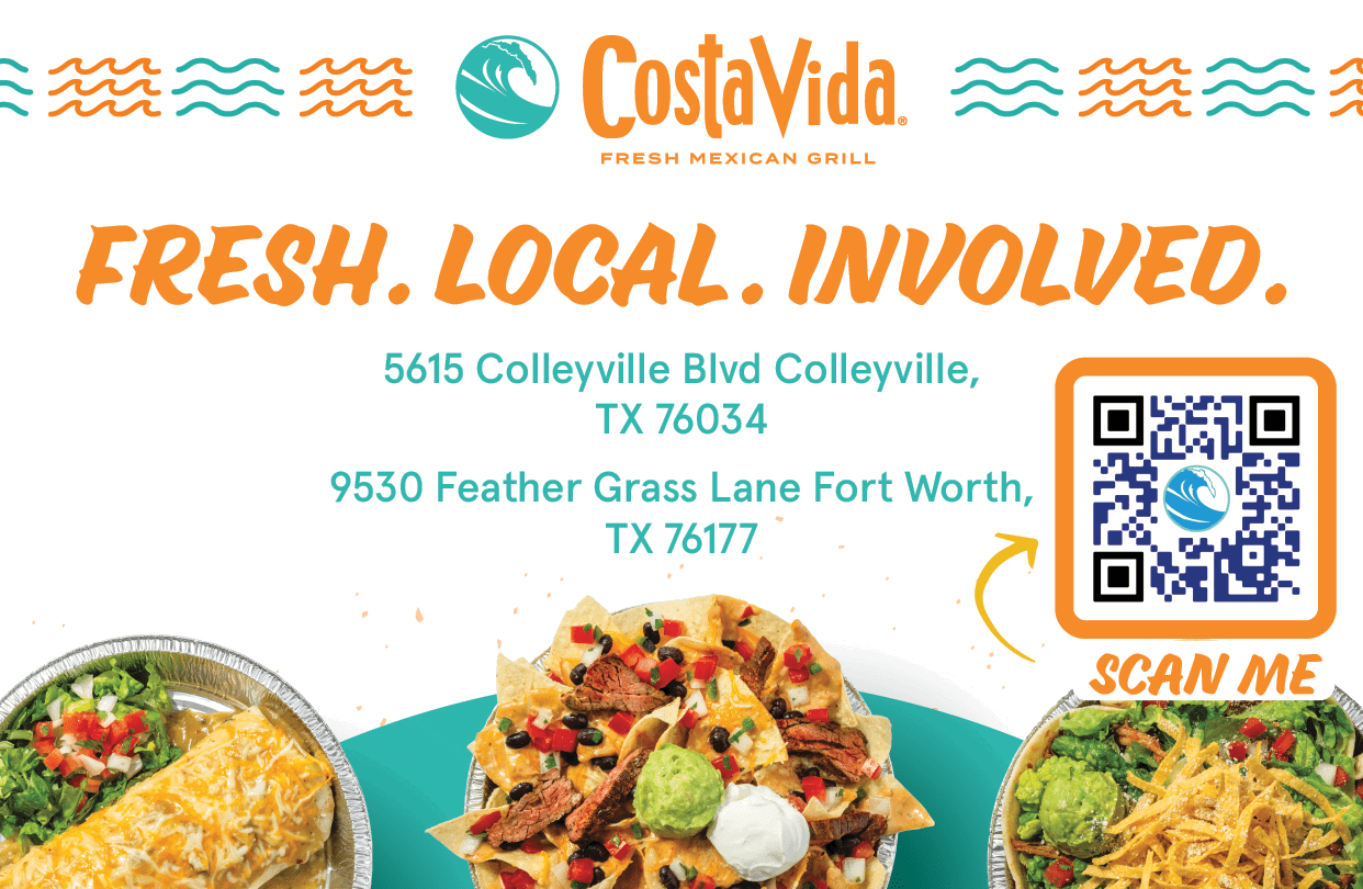 A colorful food banner displays a burrito, a plate of nachos topped with guacamole and sour cream, and a salad with shredded cheese alongside an address and a QR code with the text “SCAN ME." Description generated by AI