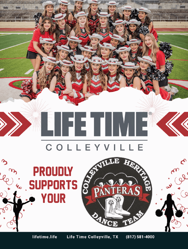 A group of people in red and white cheerleading uniforms and hats pose on a sports field above text supporting the Colleyville Heritage Panteras dance team with cheerleader silhouettes and contact information. Description generated by AI