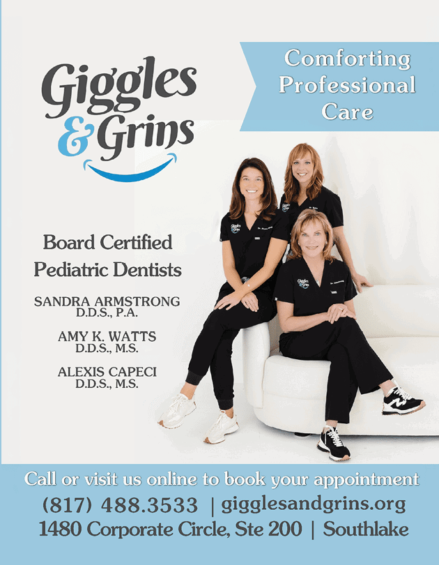 Three adults wearing black medical scrubs pose smiling in a clean, bright setting for an advertisement promoting board-certified pediatric dentists and professional dental care. Description generated by AI