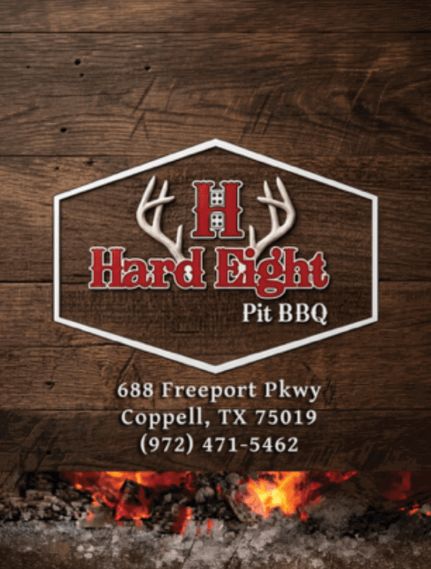 Hard Eight Pit BBQ logo with antlers and contact information is displayed on a wooden background above glowing embers. Description generated by AI
