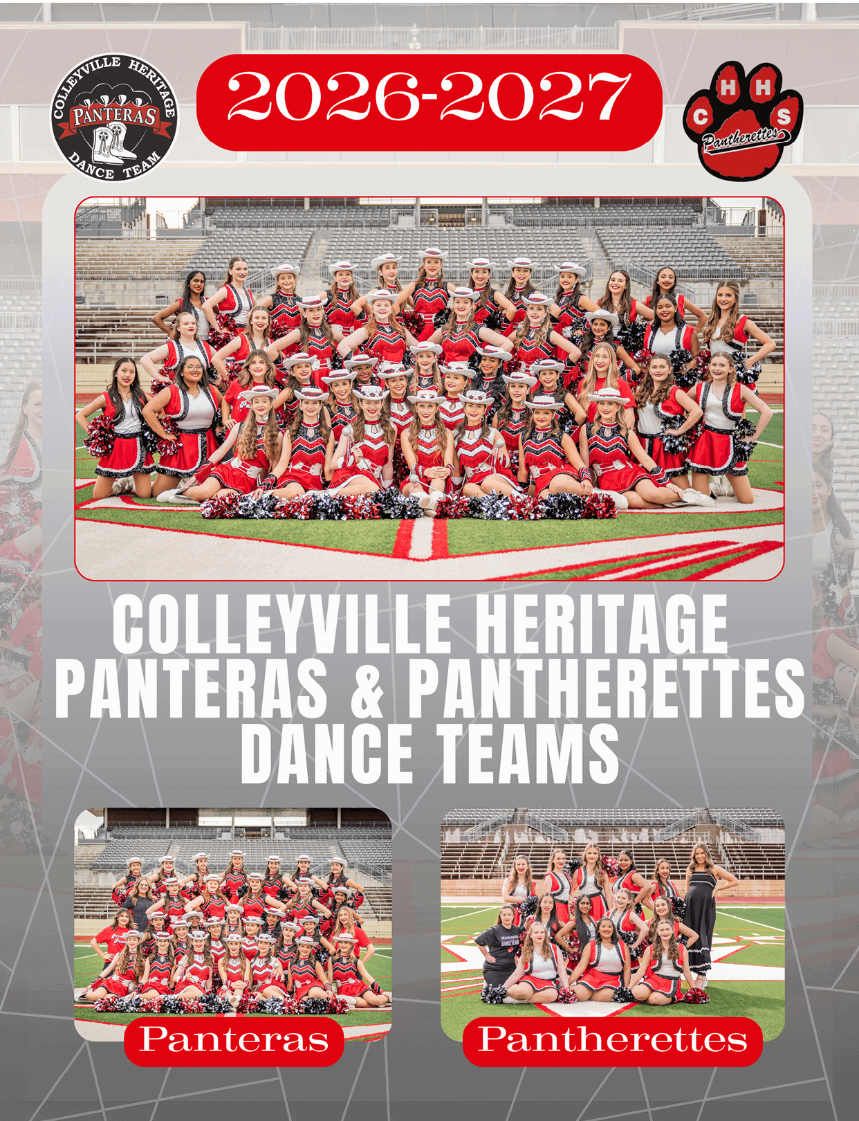 A large group of people in red and white cheerleading uniforms pose on a football field with two smaller groups labeled Panteras and Pantherettes below, representing the Colleyville Heritage Panteras and Pantherettes dance teams for 2026-2027. Description generated by AI