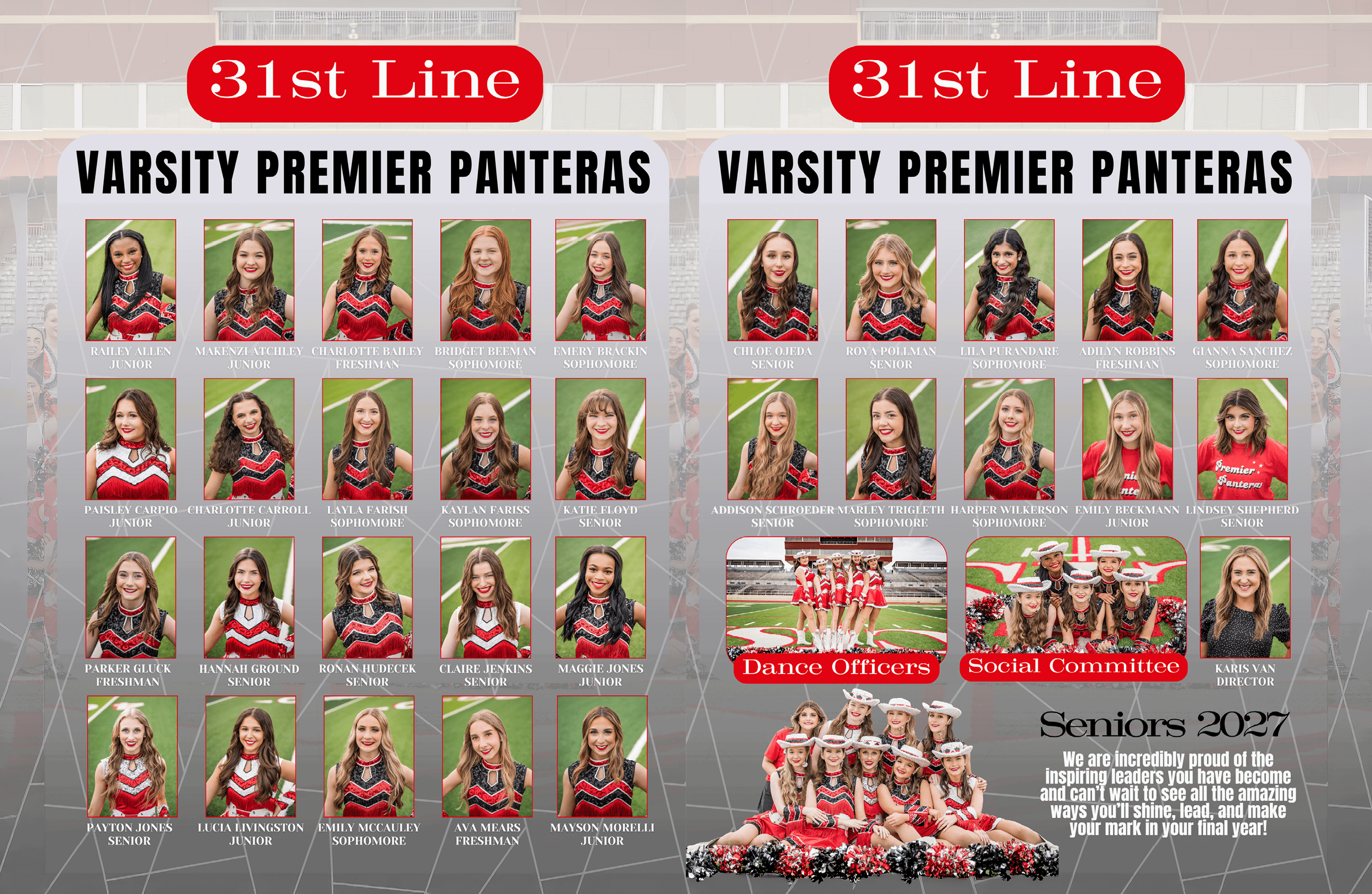 Two pages of a high school varsity cheerleading team roster for the 31st Line Varsity Premier Panteras featuring individual portraits of team members in cheer uniforms, group photos of dance officers and social committee members, and a message celebrating the seniors of 2027. Description generated by AI