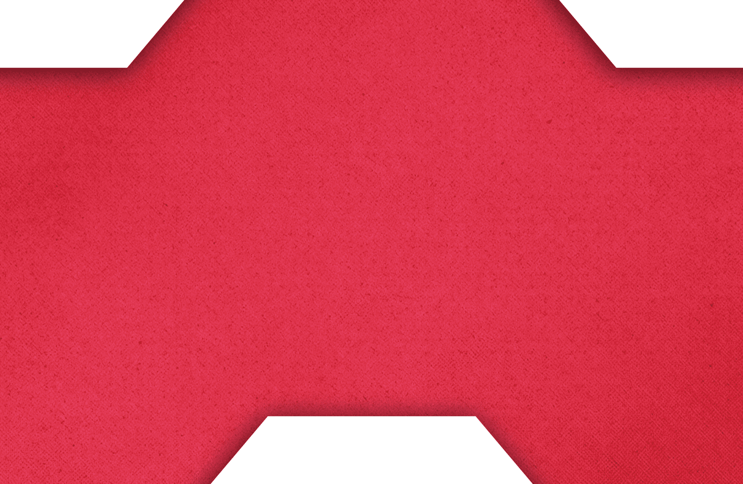A red geometric shape with angled edges and a textured surface on a white background. Description generated by AI